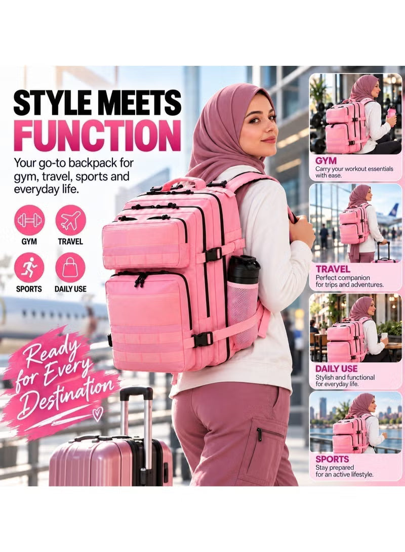 Women’s Gym Backpack, Pink Backpack for Travel, Sports & Daily Use, 45L with MOLLE Webbing, 900D Oxford, 180° Full Opening, Tactical Hiking Rucksack