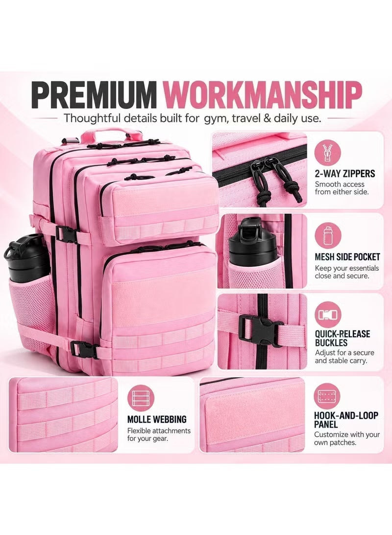 Women’s Gym Backpack, Pink Backpack for Travel, Sports & Daily Use, 45L with MOLLE Webbing, 900D Oxford, 180° Full Opening, Tactical Hiking Rucksack