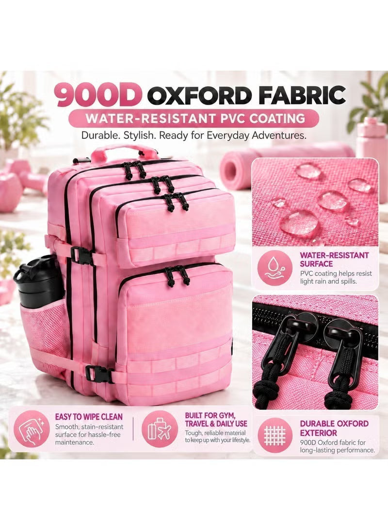 Women’s Gym Backpack, Pink Backpack for Travel, Sports & Daily Use, 45L with MOLLE Webbing, 900D Oxford, 180° Full Opening, Tactical Hiking Rucksack