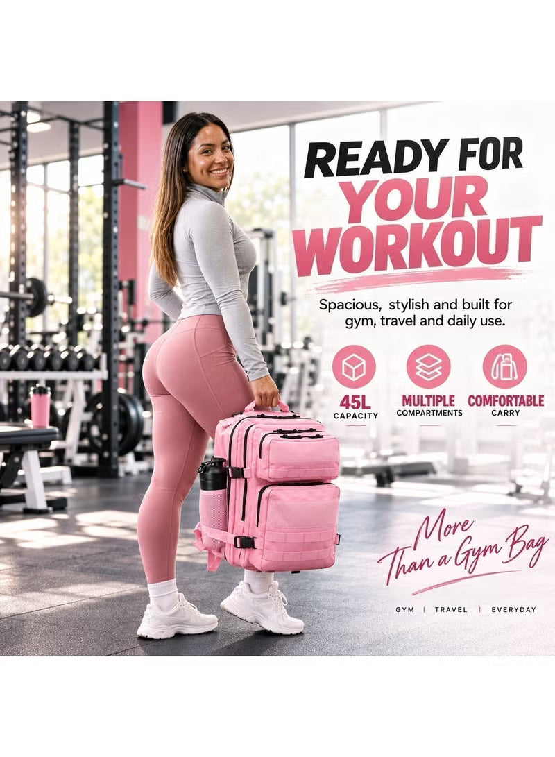 Women’s Gym Backpack, Pink Backpack for Travel, Sports & Daily Use, 45L with MOLLE Webbing, 900D Oxford, 180° Full Opening, Tactical Hiking Rucksack