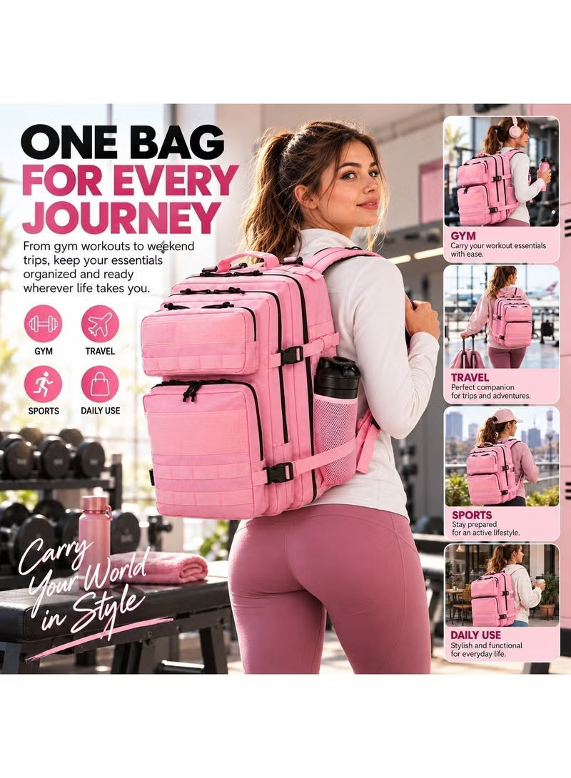Women’s Gym Backpack, Pink Backpack for Travel, Sports & Daily Use, 45L with MOLLE Webbing, 900D Oxford, 180° Full Opening, Tactical Hiking Rucksack