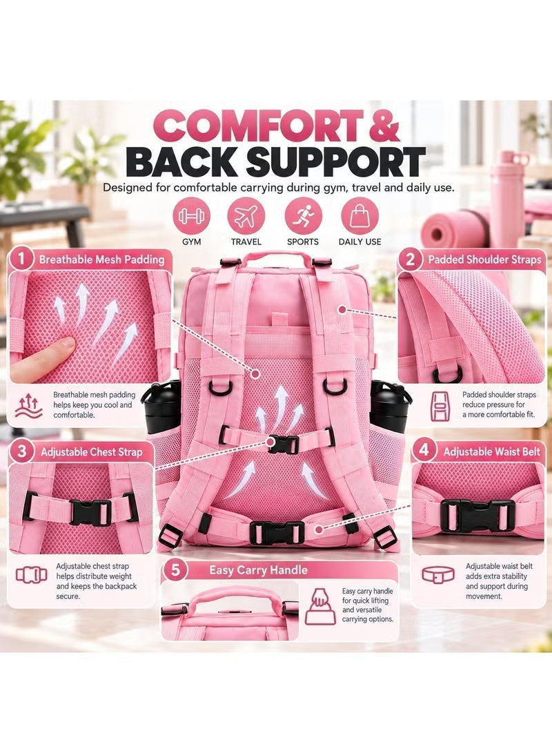 Women’s Gym Backpack, Pink Backpack for Travel, Sports & Daily Use, 45L with MOLLE Webbing, 900D Oxford, 180° Full Opening, Tactical Hiking Rucksack