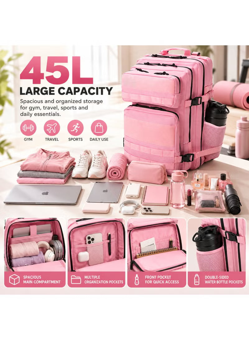 Women’s Gym Backpack, Pink Backpack for Travel, Sports & Daily Use, 45L with MOLLE Webbing, 900D Oxford, 180° Full Opening, Tactical Hiking Rucksack